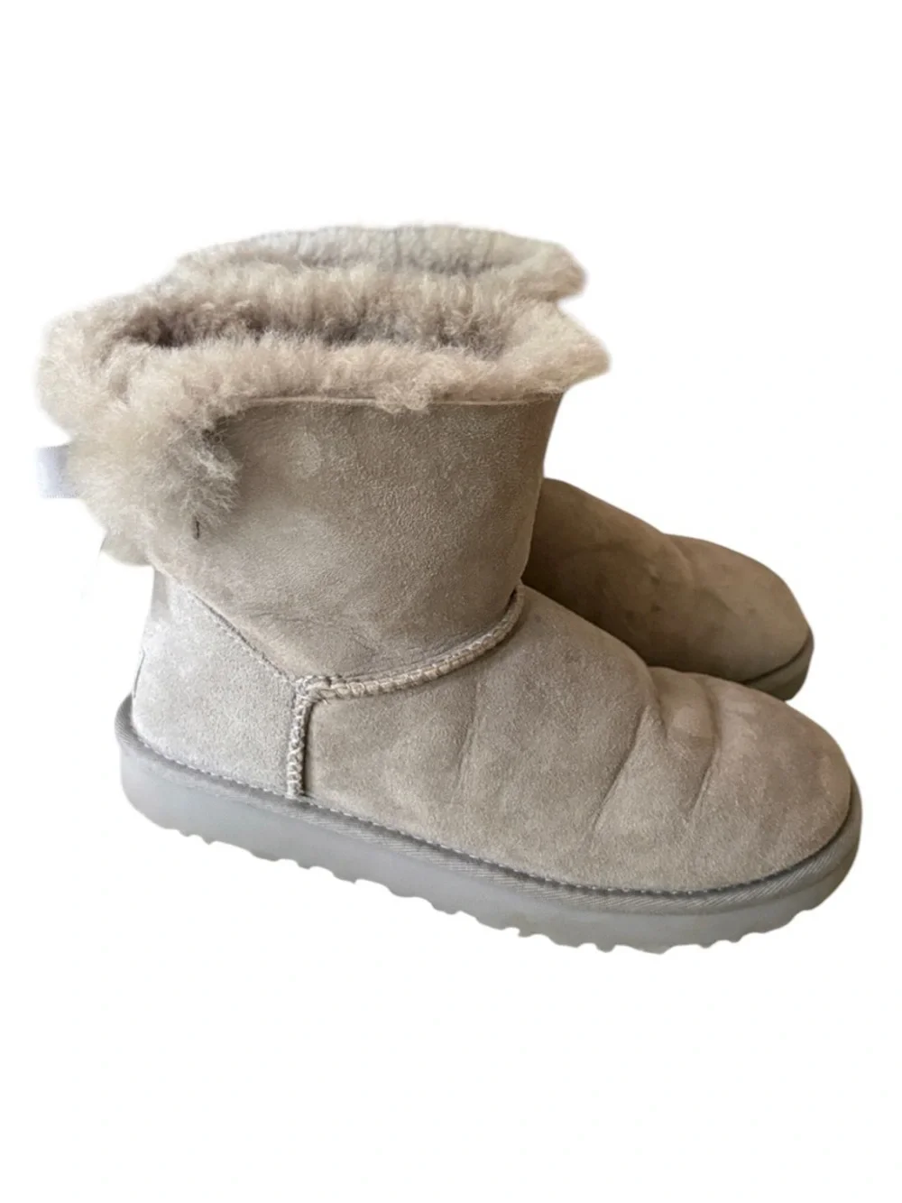 UGG Mini Bailey Light Gray Satin Bow Shearling Boots - 7